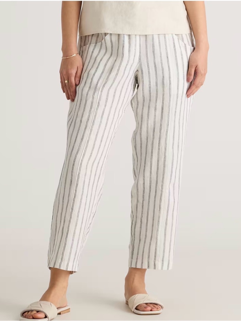 Quince Pants Size Large 100% European Linen Tapered Ankle Oatmeal Ivory Stripe